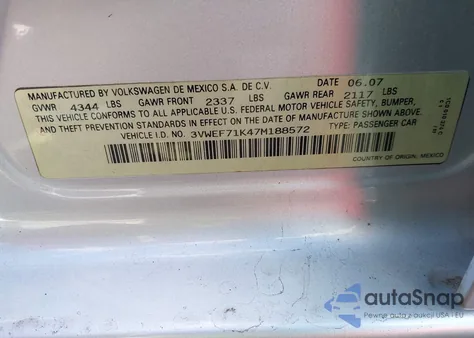 2007 Volkswagen Jetta Wolfsburg Edition from USA, damaged, VIN 3VWEF71K47M188572